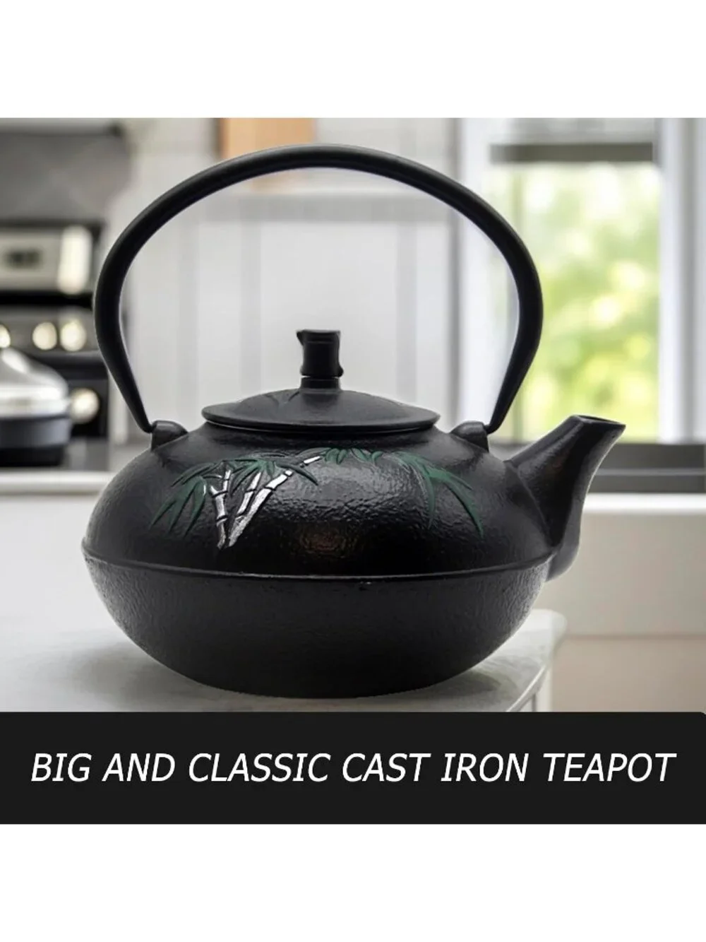 Black Cast Iron Kitchen Japanese Tea Pot 84.6oz 2500ml Stovetop Bamboo Infuser